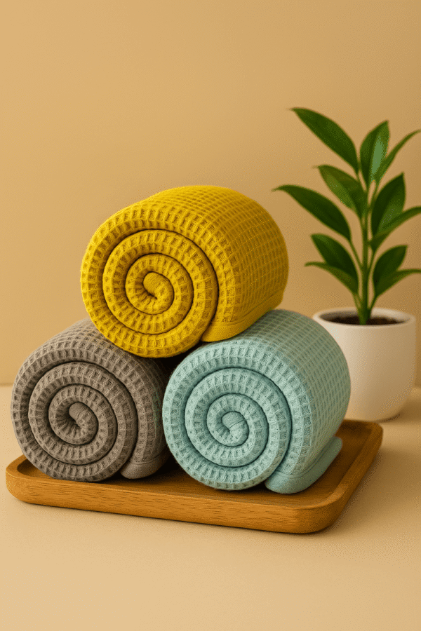 DRAPE&LUXE Honeycomb Cotton Towel – Pack of 3 (Yellow Blue Grey)